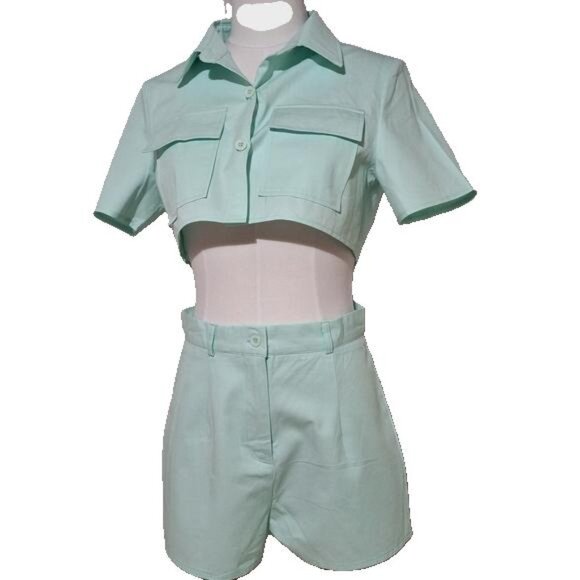 SHEIN S , solid button front blouse and short - Picture 9 of 10